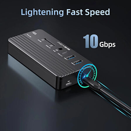 Acasis 10 Gbps, 10 in 1, M.2 NVMe SSD, 100W PD, HDMI 4K@60Hz, Gigabit Ethernet, 1x10Gbps Type-C, 1x10Gbps USB3.1 Gen2, 1x5Gbps USB3.0 , 3.5mm AUX ve SD/TF Kart Okuyuculu Type-C HUB & Disk Kutusu