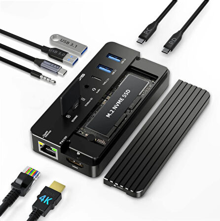 Acasis 10 Gbps, 10 in 1, M.2 NVMe SSD, 100W PD, HDMI 4K@60Hz, Gigabit Ethernet, 1x10Gbps Type-C, 1x10Gbps USB3.1 Gen2, 1x5Gbps USB3.0 , 3.5mm AUX ve SD/TF Kart Okuyuculu Type-C HUB & Disk Kutusu