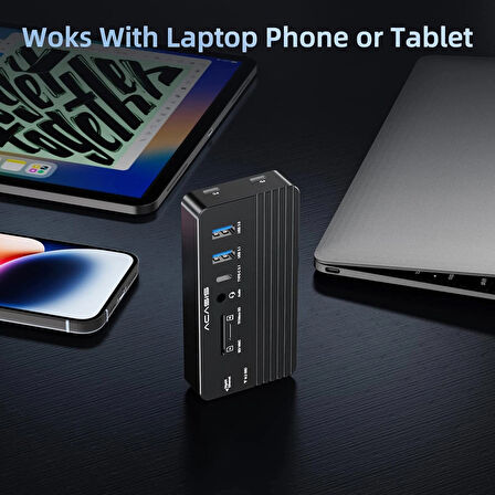 Acasis 10 Gbps, 10 in 1, M.2 NVMe SSD, 100W PD, HDMI 4K@60Hz, Gigabit Ethernet, 1x10Gbps Type-C, 1x10Gbps USB3.1 Gen2, 1x5Gbps USB3.0 , 3.5mm AUX ve SD/TF Kart Okuyuculu Type-C HUB & Disk Kutusu