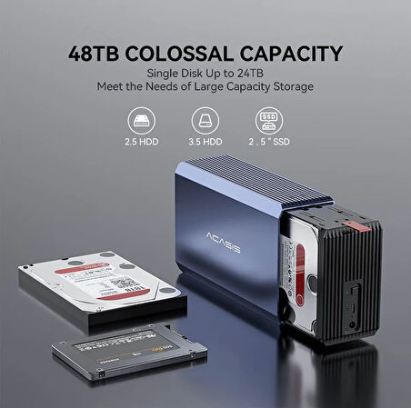 Acasis EC7352 - 2 Adet 2.5"/3.5" SATA HDD Uyumlu, 4 RAID Modu, Max. 48TB Disk Kapasiteli, 48W Güç Kaynağı, Fanlı RAID Disk İstasyonu (EC7352)