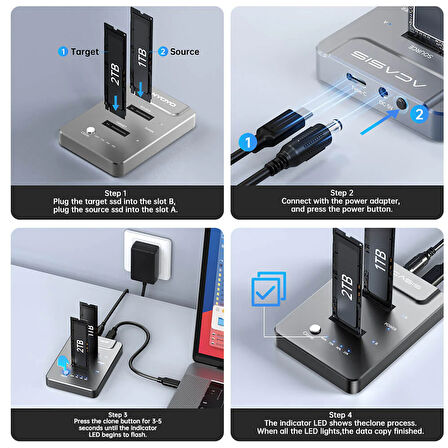 Acasis EC6605 - 10Gbps M.2 NVMe (M key/B+M key) 2230/2280 Destekli, Max. 8TB Disk Kapasiteli, USB4/USB3.2 Gen2, Offline Clone Disk İstasyonu (AC-EC6605)