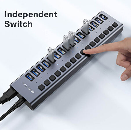 Acasis HS716 - 16 Port 10 Gbps USB 3.1, On/Off Port Özellikli, Alüminyum Kasa, 96W Güç Adaptörlü, LED Işıklı, USB Çoklayıcı HUB