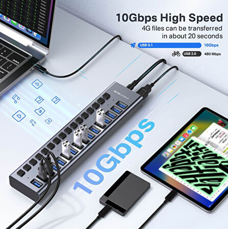Acasis HS716 - 16 Port 10 Gbps USB 3.1, On/Off Port Özellikli, Alüminyum Kasa, 96W Güç Adaptörlü, LED Işıklı, USB Çoklayıcı HUB