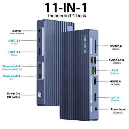 Acasis TB4011 11 in 1 Thunderbolt 4, 4K@60Hz HDMI, 8K@60Hz DP, 2x USB3.1, 2x USB2.0, 2.5G LAN, 3.5mm Audio, SD/TF Kart Docking Station (Adaptörlü) (AC-TB4011)