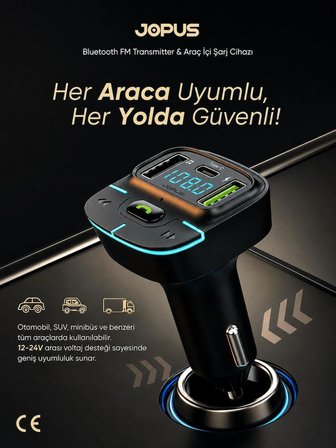 Bluetooth FM Transmitter Araç Kiti, Hızlı Şarj,USB, Type-C, HD Mikrofon