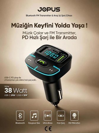 Bluetooth FM Transmitter Araç Kiti, Hızlı Şarj,USB, Type-C, HD Mikrofon