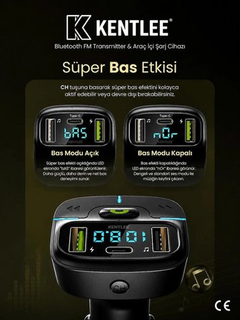 Bluetooth FM Transmitter Araç Kiti, Hızlı Şarj,USB, Type-C, HD Mikrofon
