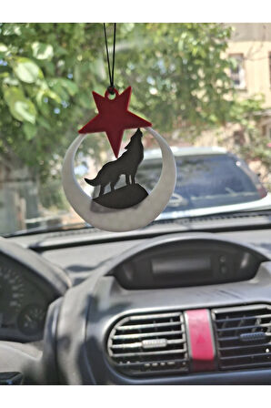 Ay ve Yıldız İçinde Uluyan Kurt Figürü Araç Ayna Süsü