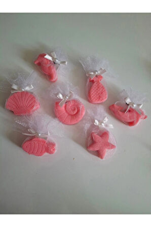 Deniz Temalı Kokulu Gül Pembe Rengi Sabun Seti -Tül Ve İnci Süslemeli 7'li Set