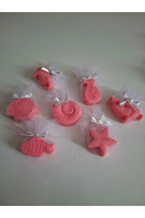 Deniz Temalı Kokulu Gül Pembe Rengi Sabun Seti -Tül Ve İnci Süslemeli 7'li Set