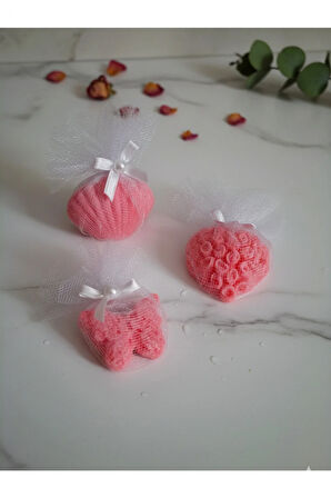 Tül Ve İnci Süslemeli Gül Pembe Renk Kokulu 3'lü Set Sabunlar - Romantik, Şık Ve Dekoratif