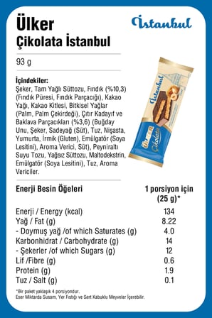 Çikolata İSTANBUL - Fındıklı Dolgulu, Çıtır Kadayıflı ve Baklavalı Çikolata - 93 gram - 36 Adet
