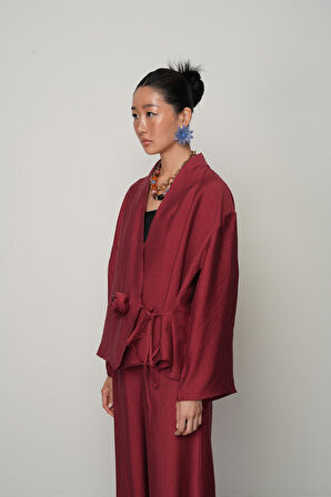 Kadın Gül Detaylı Yandan Bağlamalı Düz Renk Kimono-Ceket