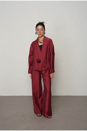 Kadın Gül Detaylı Yandan Bağlamalı Düz Renk Kimono-Ceket