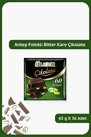%60 Bitter Antep Fıstıklı Kare Çikolata - 65 gram - 36 Adet