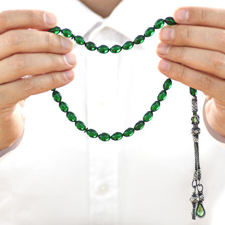  1000 Ayar Gümüş Kazaz Püsküllü Arpa Kesim Zümrüt Yeşil Ateş Kehribar Tesbih 