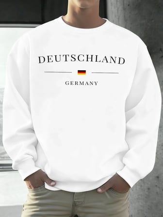 Deutschland Almanya Bayrağı Baskılı Erkek Kazak Sonbahar 0-Boyun Gevşek Açık Tee Moda Giysile