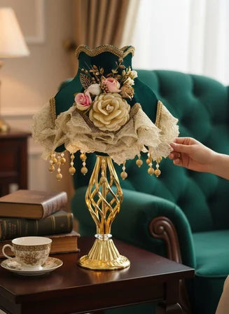 Hürrem Yeşili Kadife Kaplı Çiçek Süslemeli Başlık Gold Metal Burgu Ayaklı Klasik Abajur 50x30cm