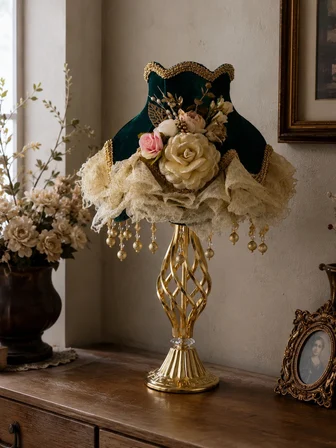 Hürrem Yeşili Kadife Kaplı Çiçek Süslemeli Başlık Gold Metal Burgu Ayaklı Klasik Abajur 50x30cm