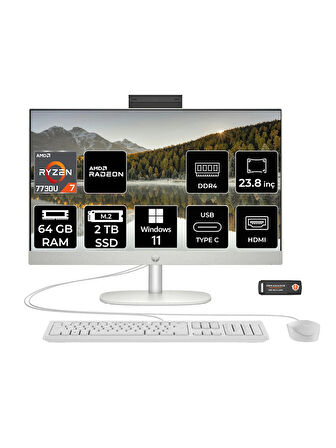 HP ProOne 245 G10 R7 7730U 64GB 2TB SSD 23.8" Full HD IPS W11P All In One PC & PER4 Bellek