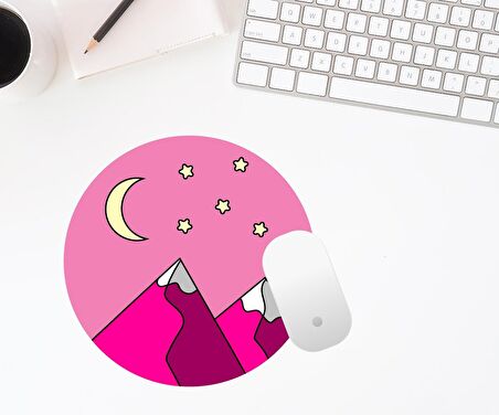 Pembe Dağ Baskılı Yuvarlak Mouse Pad 