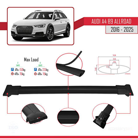A4 (B9) Allroad 2016 ve Sonrası ile Uyumlu FLY Model Ara Atkı Tavan Barı Siyah 2 Adet