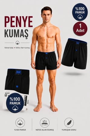 Erkek Penye Boxer %100 Pamuk 1 Adet (Tutku Yetkili Satıcısı) Havlu Bel Düğmeli Pamuklu Rahat Kalıp Nefes Alan Kumaş - Siyah