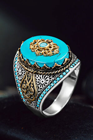 Erkek Gümüş Yüzük - Zirkon Ve Firuze Taşlı Mini Taş İşleme Erkek Yüzük