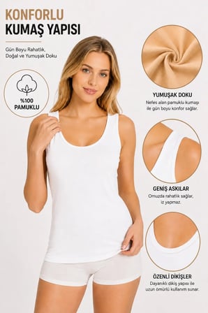 Kadın Geniş Askılı Atlet 3’lü Paket (Tutku Yetkili Satıcısı) Beyaz Siyah Ten Pamuklu Ribana Günlük İç Giyim