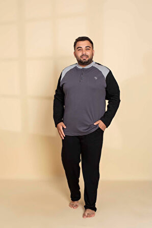 Erkek Büyük Battal Beden Desenli 3 Düğmeli %100 Pamuk Mevsimlik Uzun Kollu Cepli Pijama Takımı