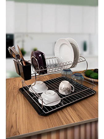 Paslanmaz 2 Katlı Bulaşıklık Tezgah Üstü Bulaşık Kurutmalık Tabaklık Termo Plastik Kaplama KROM