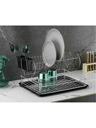 Paslanmaz 2 Katlı Bulaşıklık Tezgah Üstü Bulaşık Kurutmalık Tabaklık Termo Plastik Kaplama KROM