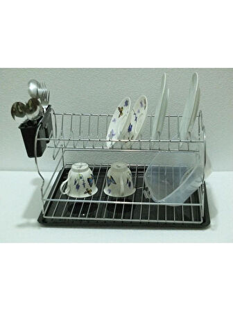 Paslanmaz 2 Katlı Bulaşıklık Tezgah Üstü Bulaşık Kurutmalık Tabaklık Termo Plastik Kaplama KROM