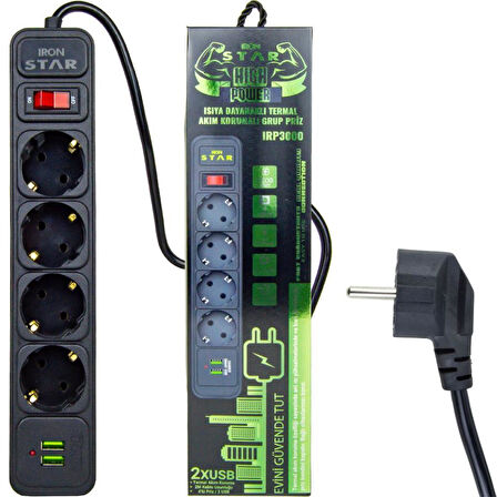 IRONSTAR 2Mt 2xUSB 4lü Termal Akım Korumalı Priz 10A 2500W