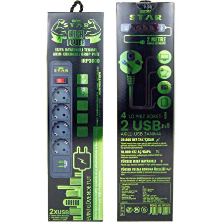IRONSTAR 2Mt 2xUSB 4lü Termal Akım Korumalı Priz 10A 2500W