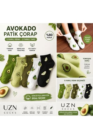 5 Çift Kadın Avokado Desenli Patik Çorap Pamuklu Renkli Günlük Kısa Çorap