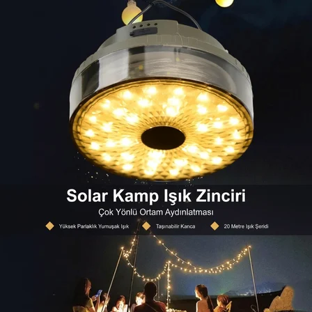 20 Metre Solar Şeritli Kamp Lambası - Gün Işığı Çok Fonksiyonlu Projektör ve El Feneri