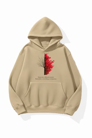 Unisex Yumuşak Dokulu Kızıl Ağaç Baskılı Tasarım Oversize 3 İplik Hoodie Sweatshirt