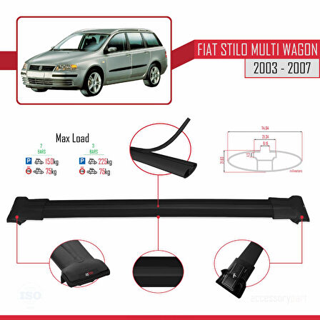 Fiat Stilo Multi Wagon 2003-2007 Arası ile Uyumlu FLY Model Ara Atkı Tavan Barı Siyah 2 Adet