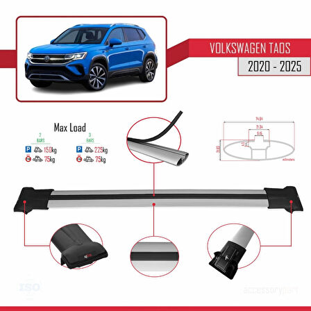 Volkswagen Taos 2021 ve Sonrası ile Uyumlu FLY Model Ara Atkı Tavan Barı Gri 2 Adet