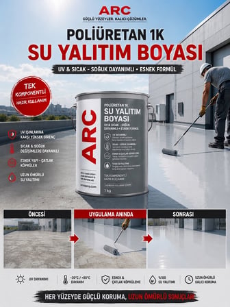 POLİÜRETAN SU YALITIM BOYASI UV DİRENÇLİ ESNEK GÜÇLÜ PARLAK TERAS ÇATI OTOPARK YALITIM GRİ 1 LT