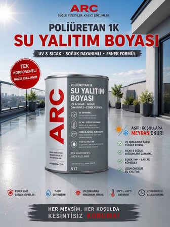 POLİÜRETAN SU YALITIM BOYASI UV DİRENÇLİ ESNEK GÜÇLÜ PARLAK TERAS ÇATI OTOPARK YALITIM GRİ 5 LT