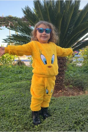 Civcivli Peluş Sarı Kız Erkek Çocuk Kışlık Pamuklu Pijama Takımı
