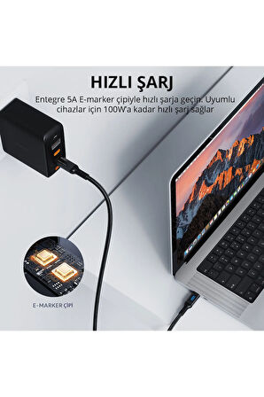 CB-MCC102-BK 100W Naylon Örgülü 5A 480Mbps Type-C Type-C LCD Ekranlı Kablo 1.8M Uyumlu