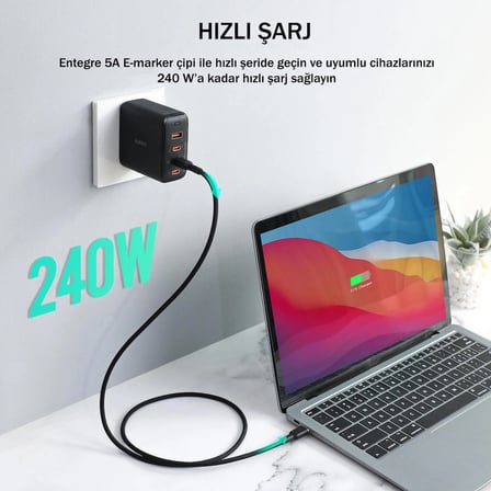 Aukey CB-SCC241-BK 240W Silikon Type-C Type-C Kablo 1M