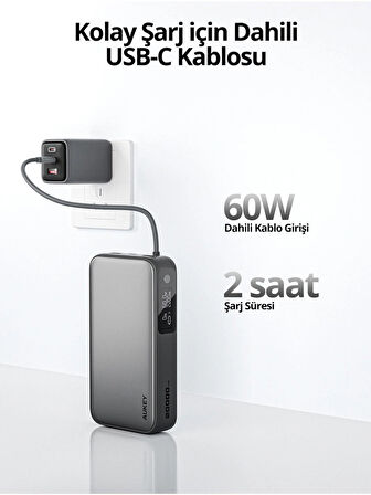 AUKEY PB-Y48-GY 100W 20000 mAh PD Dahili Type-C Kablolu Powerbank