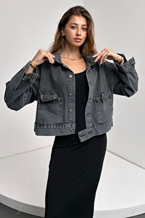 Çift Cep Beli Düğme Detaylı Denim Ceket