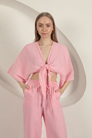 Müslin Kumaş Kimono-Pembe