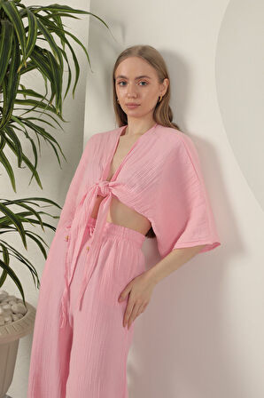 Müslin Kumaş Kimono-Pembe