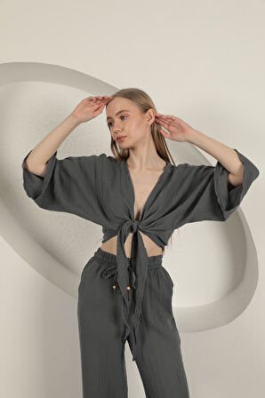 Müslin Kumaş Kimono-Antrasit